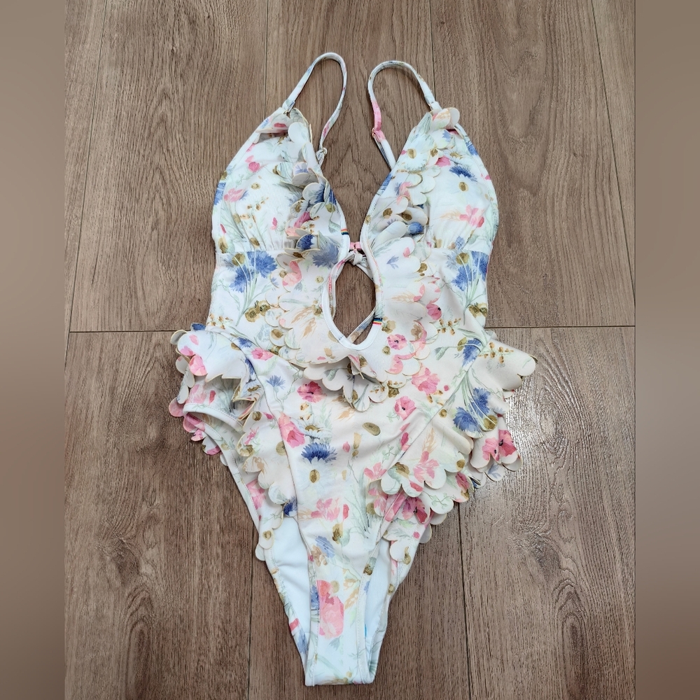 Zimmermann Lucky Waterfall Frill One Piece Swimsuit in Cream Bouquet Floral - Picture 2 of 8